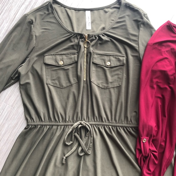 🆓 2 FIT-AND-FLARE DRESSES: olive and red - Picture 3 of 7